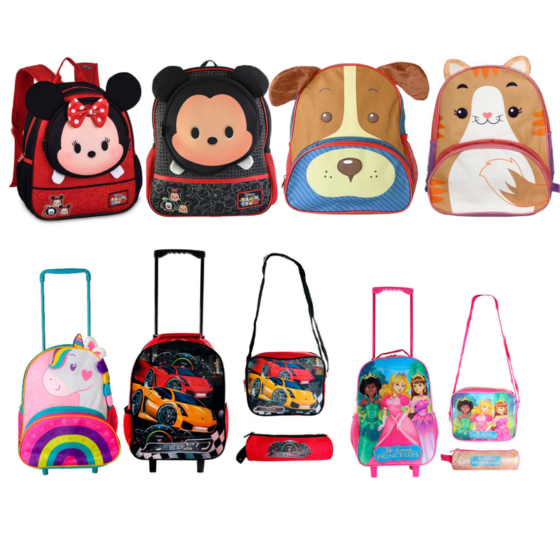 Mochila infantil escolar menino menina com rodinhas sereia carro princesa cachorro gato