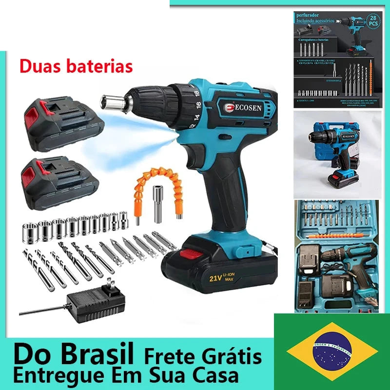 Parafusadeira elétrica 2 baterias 21V com maleta 28pcs bivolt