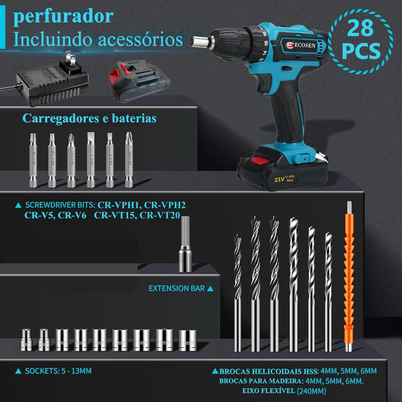 Parafusadeira elétrica 2 baterias 21V com maleta 28pcs bivolt