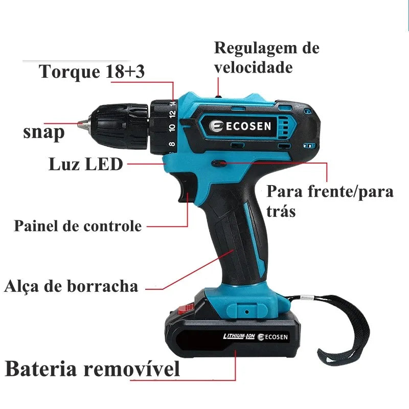 Parafusadeira elétrica 2 baterias 21V com maleta 28pcs bivolt